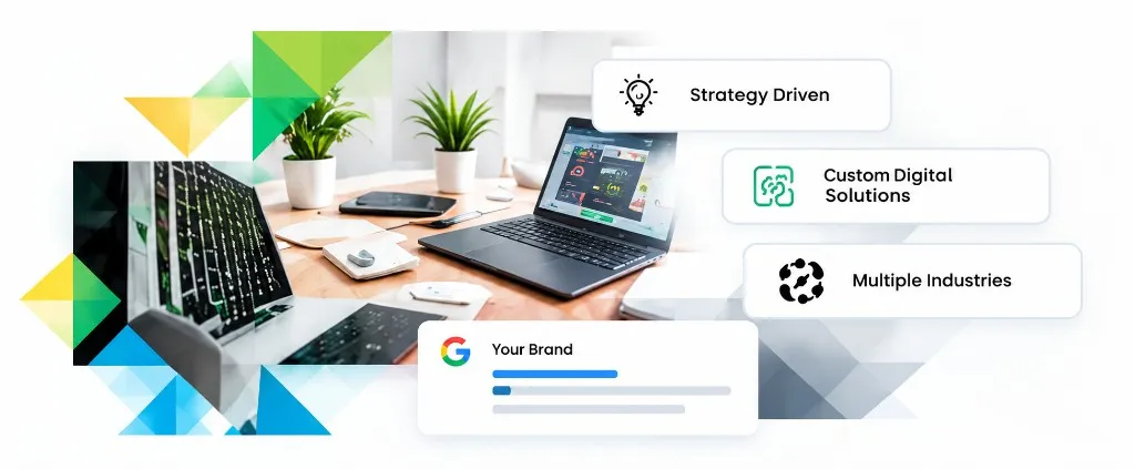 Workspace with Strategy Driven, Custom Digital Solutions, Multiple Industries and Your Brand overlays