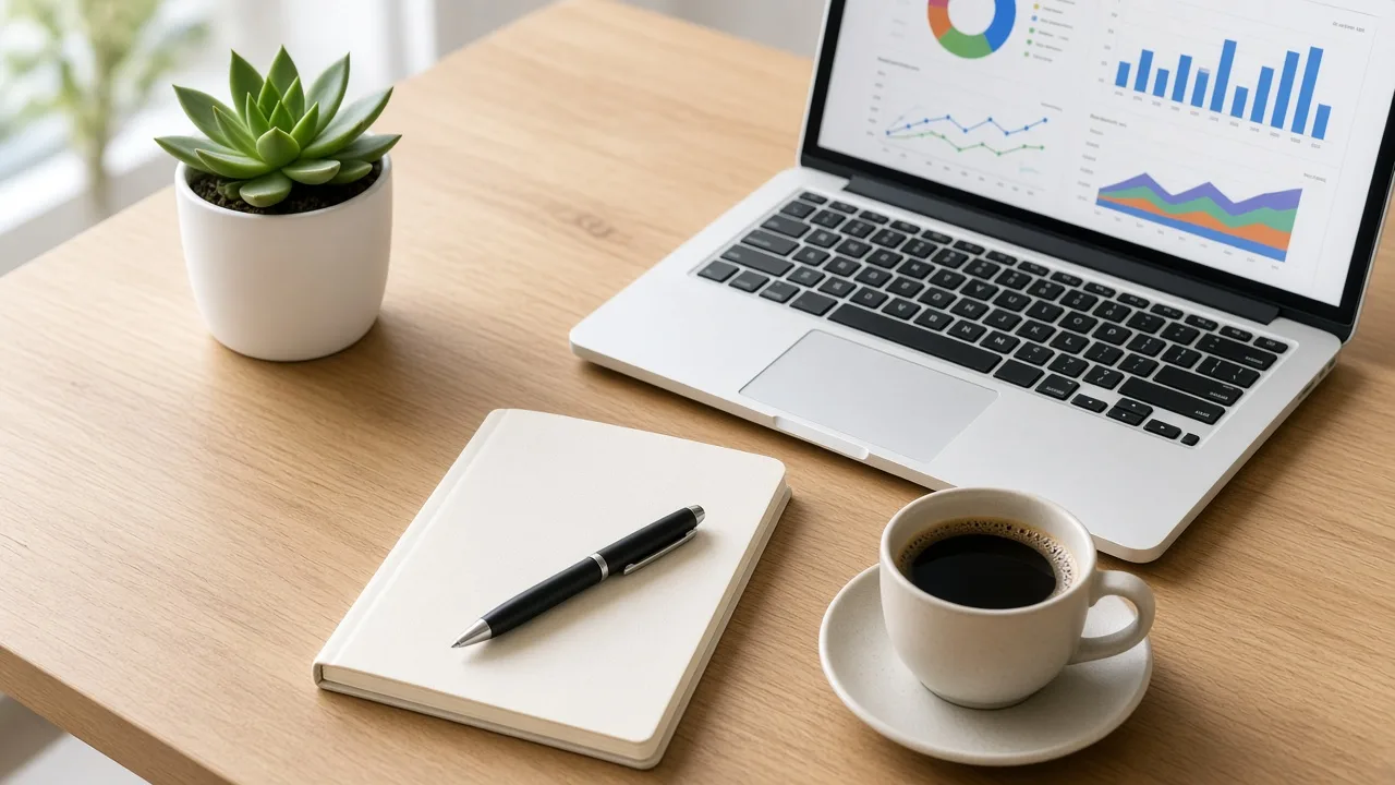 Laptop and notebook on a modern desk