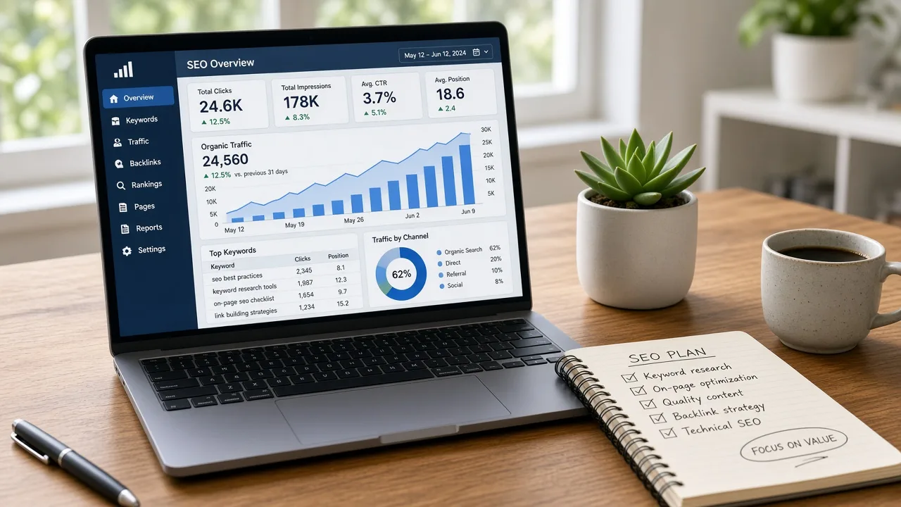 SEO analytics dashboard on a laptop