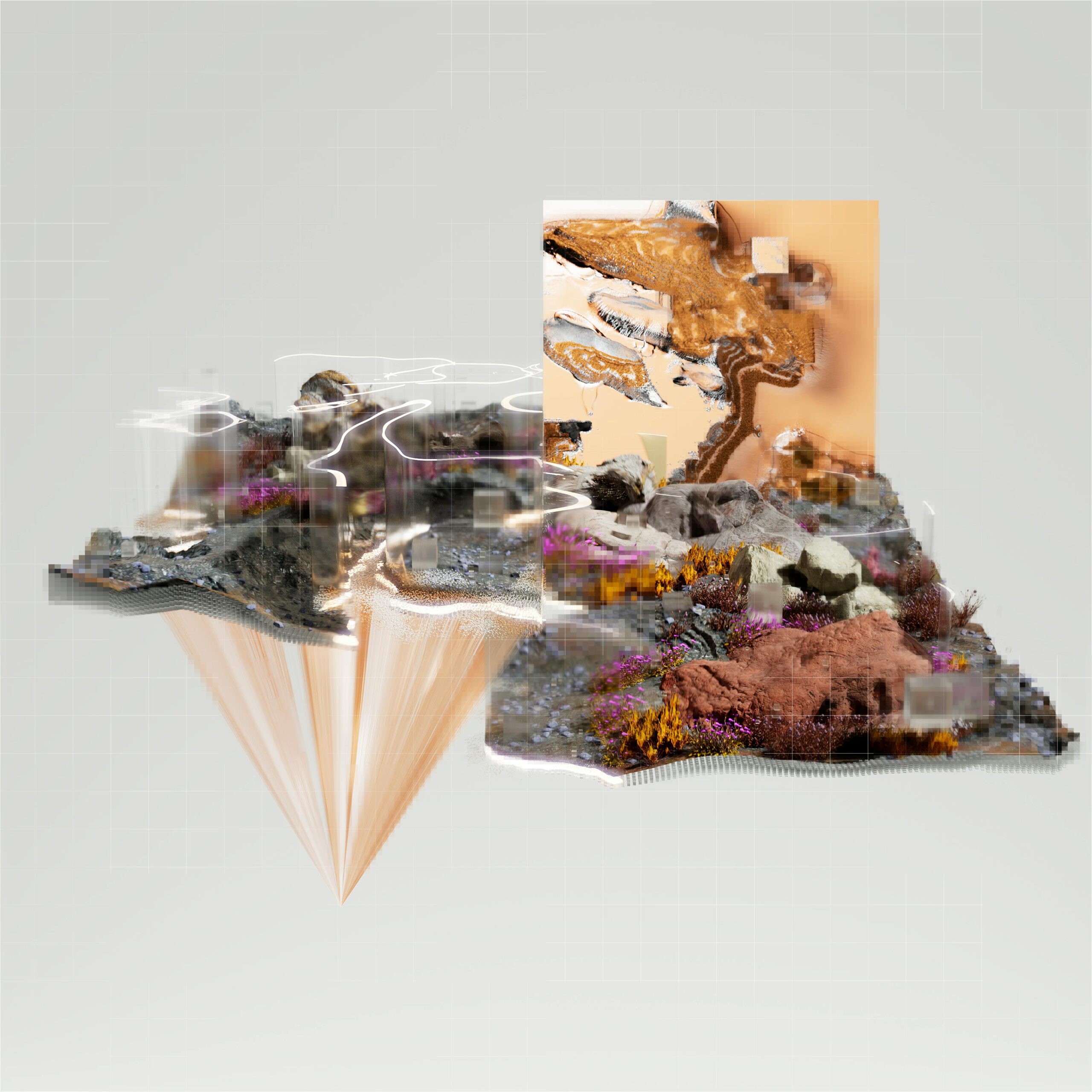 A digital artistic representation of a futuristic abstract landscape using CGI and 3D rendering.